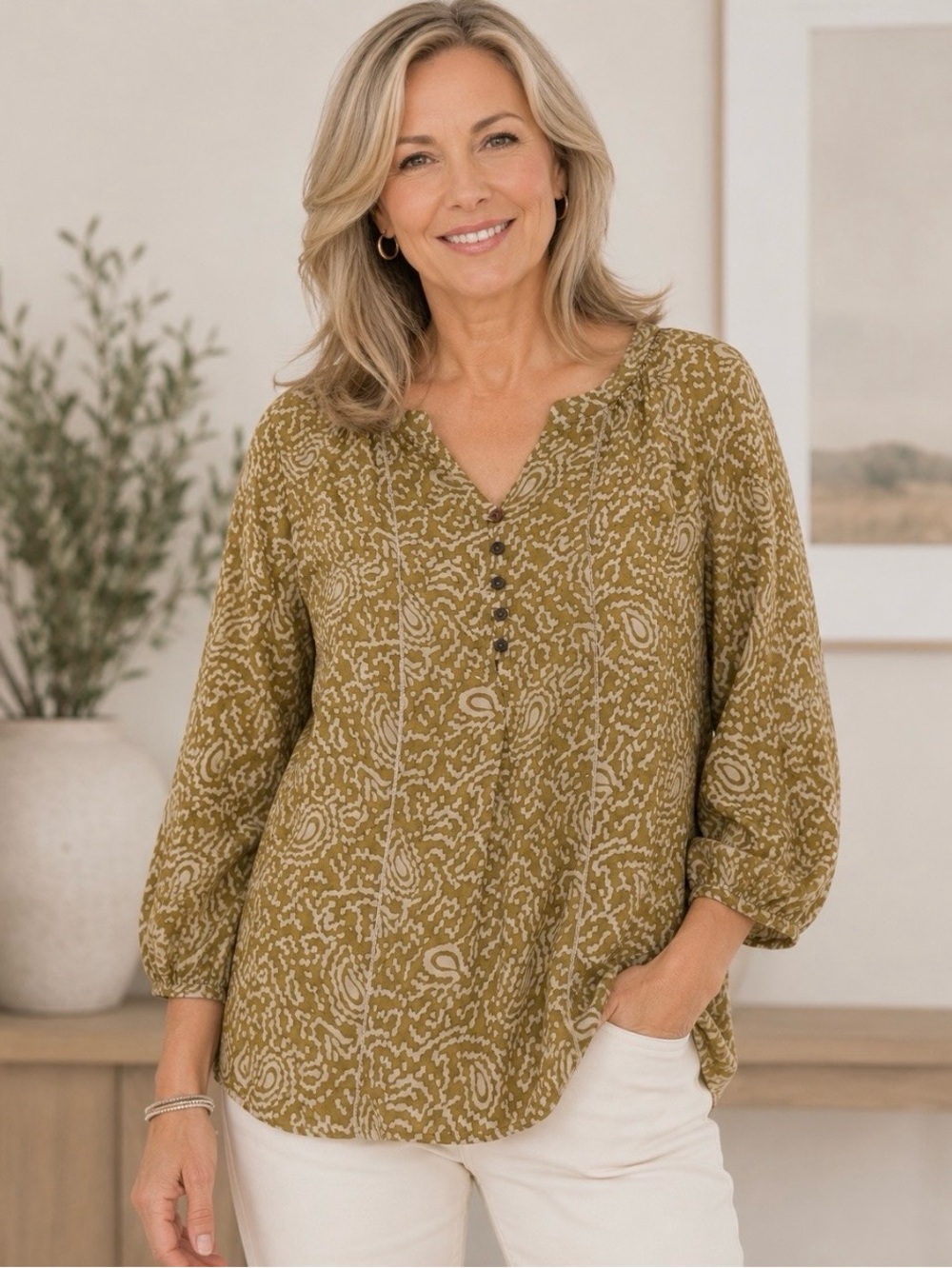 Coldwater Creek Mustard Yellow/Cream | Paisley | Batik | Lined Blouse | Medium